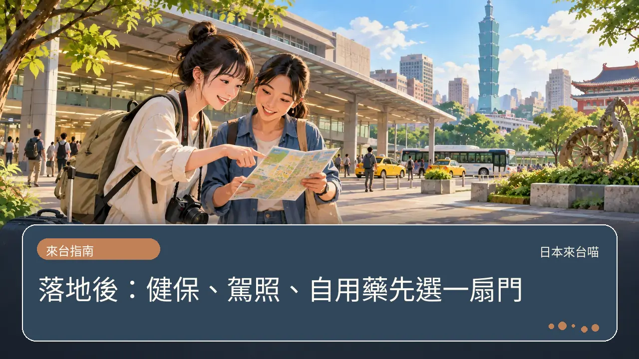 落地後:健保、駕照、自用藥先選一扇門主題插畫
