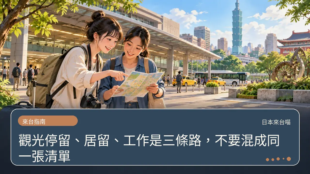 觀光停留、居留、工作是三條路，不要混成同一張清單主題插畫