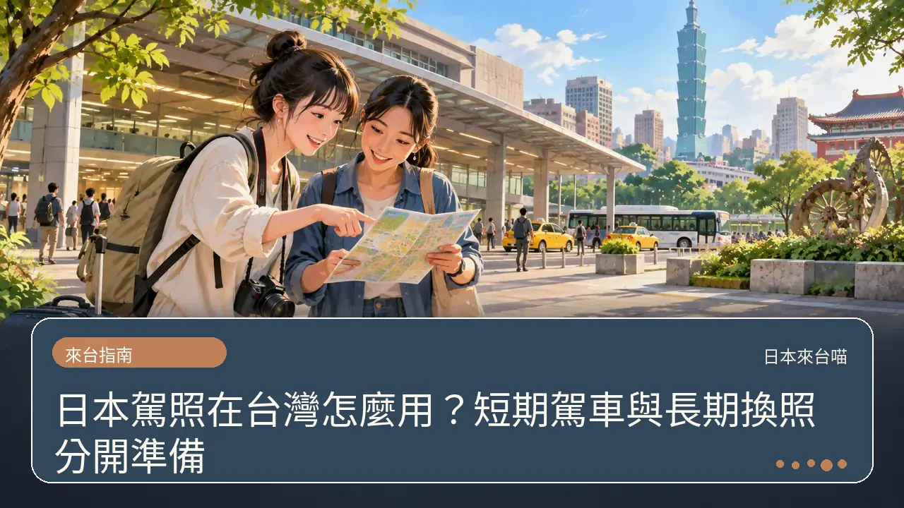 日本駕照在台灣怎麼用？短期駕車與長期換照分開準備主題插畫