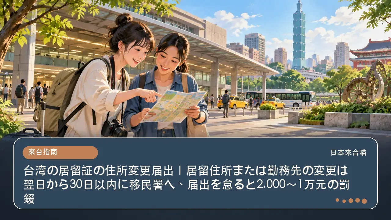 台湾の居留証の住所変更届出|居留住所または勤務先の変更は翌日から30日以内に移民署へ、届出を怠ると2,000〜1万元の罰鍰主題插畫