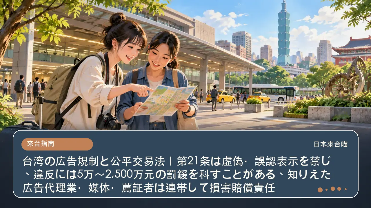 台湾の広告規制と公平交易法｜第21条は虚偽・誤認表示を禁じ、違反には5万〜2,500万元の罰鍰を科すことがある、知りえた広告代理業・媒体・薦証者は連帯して損害賠償責任主題插畫