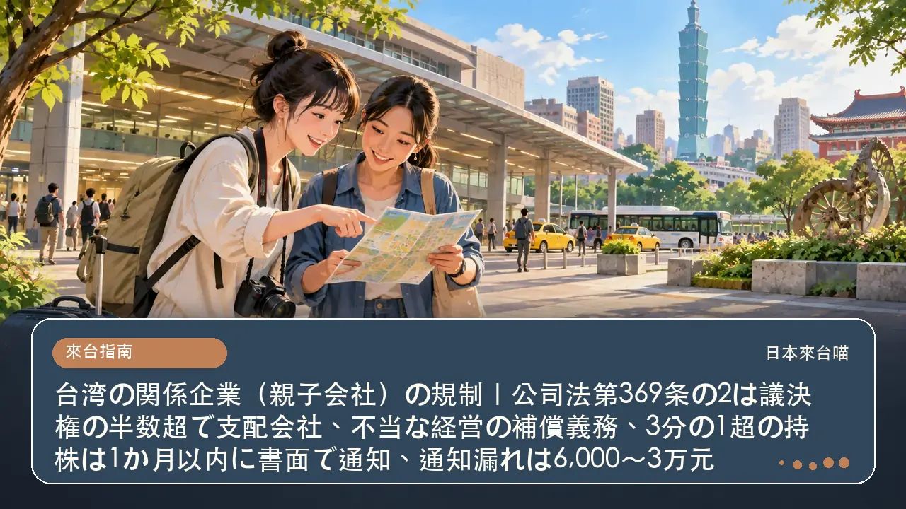台湾の関係企業（親子会社）の規制｜公司法第369条の2は議決権の半数超で支配会社、不当な経営の補償義務、3分の1超の持株は1か月以内に書面で通知、通知漏れは6,000〜3万元主題插畫