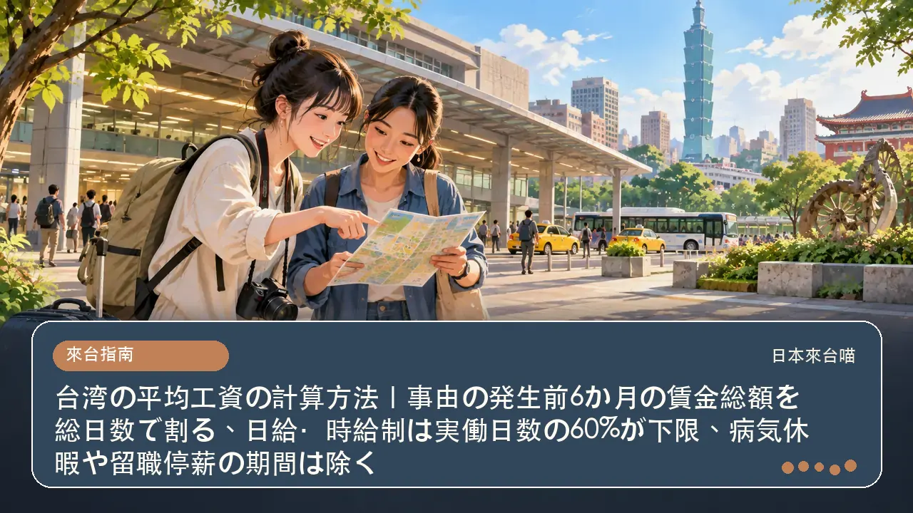 台湾の平均工資の計算方法｜事由の発生前6か月の賃金総額を総日数で割る、日給・時給制は実働日数の60%が下限、病気休暇や留職停薪の期間は除く主題插畫