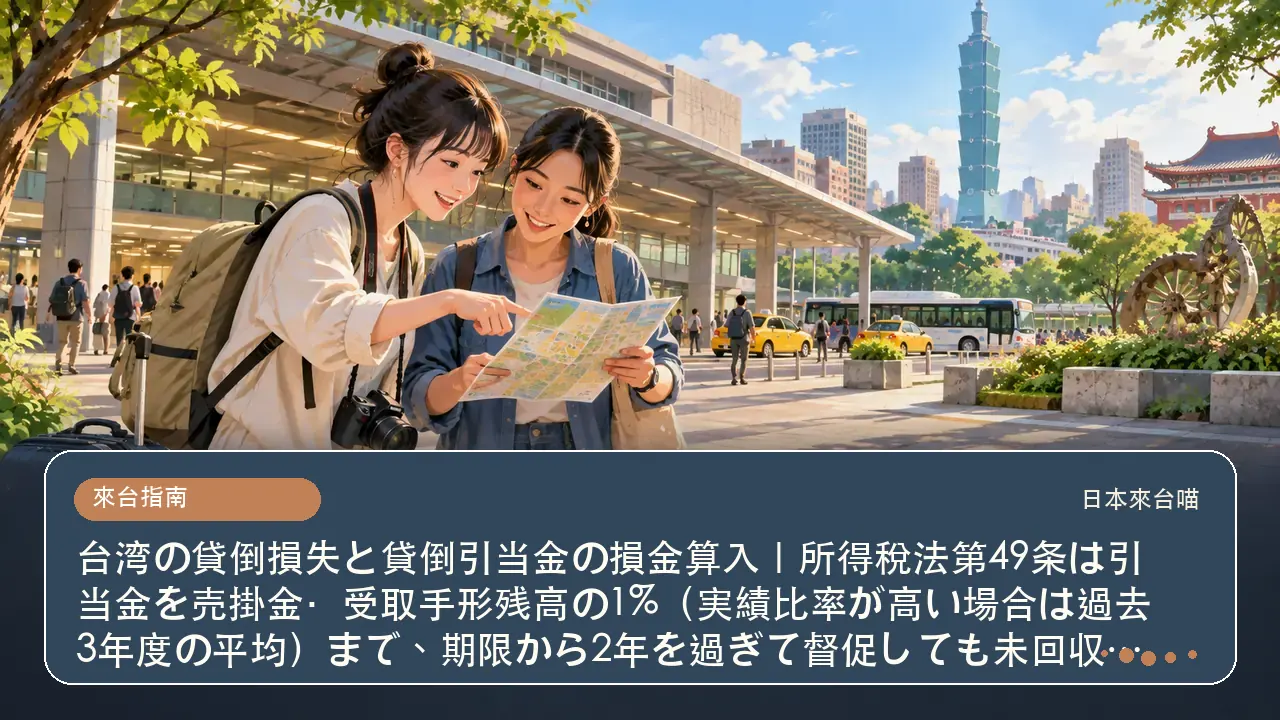 台湾の貸倒損失と貸倒引当金の損金算入｜所得稅法第49条は引当金を売掛金・受取手形残高の1%（実績比率が高い場合は過去3年度の平均）まで、期限から2年を過ぎて督促しても未回収なら実際の貸倒れとみなす主題插畫