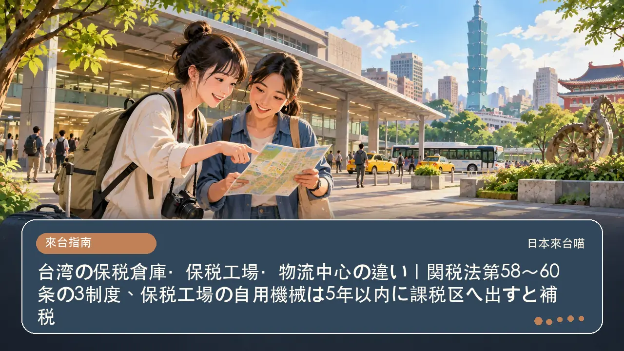台湾の保税倉庫・保税工場・物流中心の違い｜関税法第58〜60条の3制度、保税工場の自用機械は5年以内に課税区へ出すと補税主題插畫