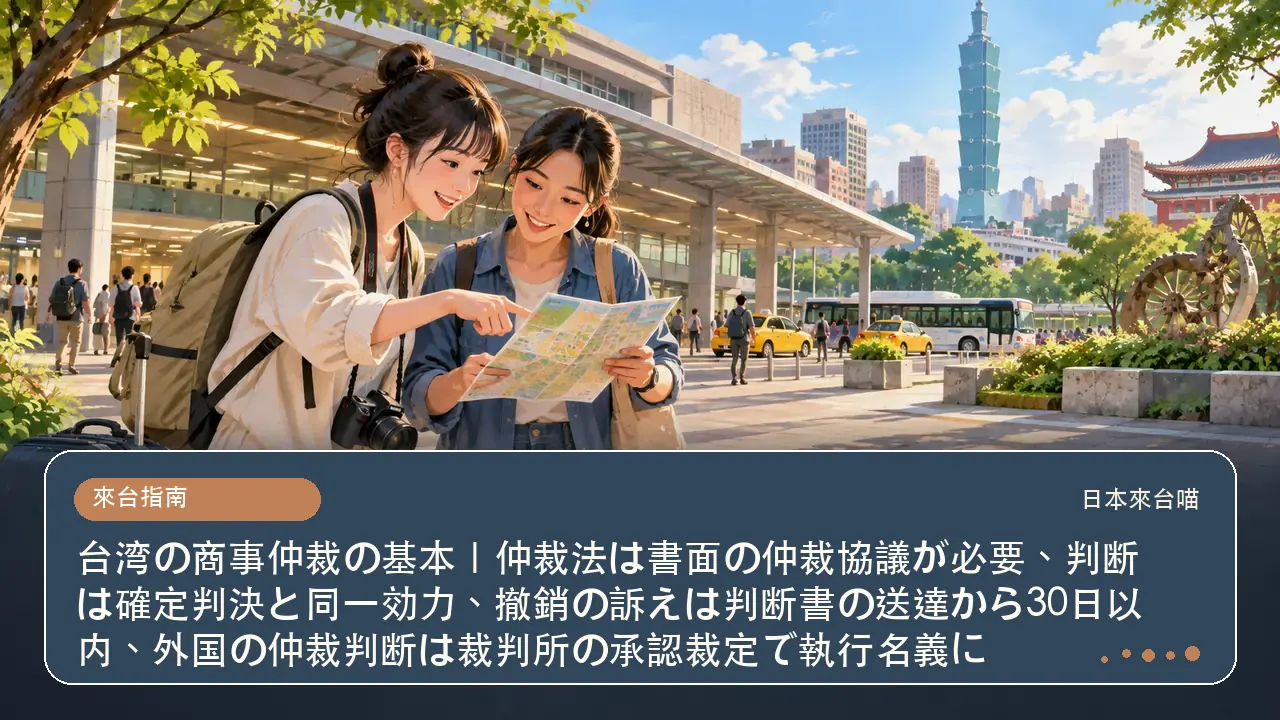 台湾の商事仲裁の基本｜仲裁法は書面の仲裁協議が必要、判断は確定判決と同一効力、撤銷の訴えは判断書の送達から30日以内、外国の仲裁判断は裁判所の承認裁定で執行名義に主題插畫