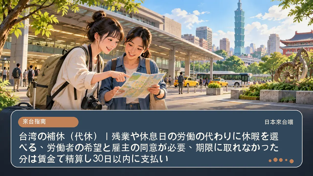 台湾の補休（代休）｜残業や休息日の労働の代わりに休暇を選べる、労働者の希望と雇主の同意が必要、期限に取れなかった分は賃金で精算し30日以内に支払い主題插畫