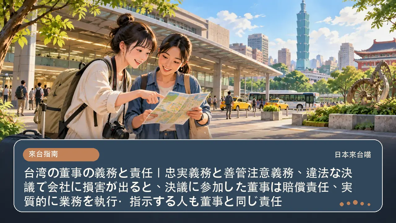 台湾の董事の義務と責任｜忠実義務と善管注意義務、違法な決議で会社に損害が出ると、決議に参加した董事は賠償責任、実質的に業務を執行・指示する人も董事と同じ責任主題插畫
