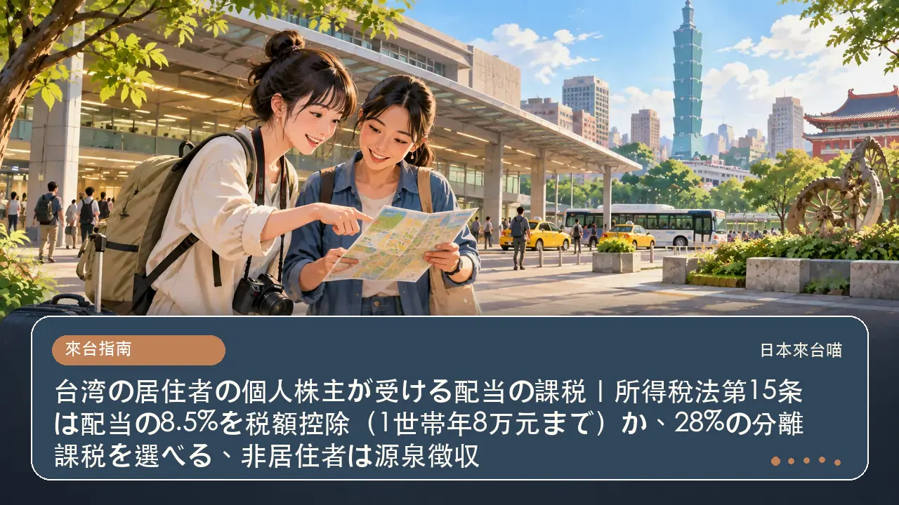 台湾の居住者の個人株主が受ける配当の課税｜所得稅法第15条は配当の8.5%を税額控除（1世帯年8万元まで）か、28%の分離課税を選べる、非居住者は源泉徴収主題插畫