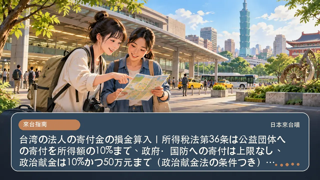 台湾の法人の寄付金の損金算入｜所得稅法第36条は公益団体への寄付を所得額の10%まで、政府・国防への寄付は上限なし、政治献金は10%かつ50万元まで（政治献金法の条件つき）、受領証が必要主題插畫