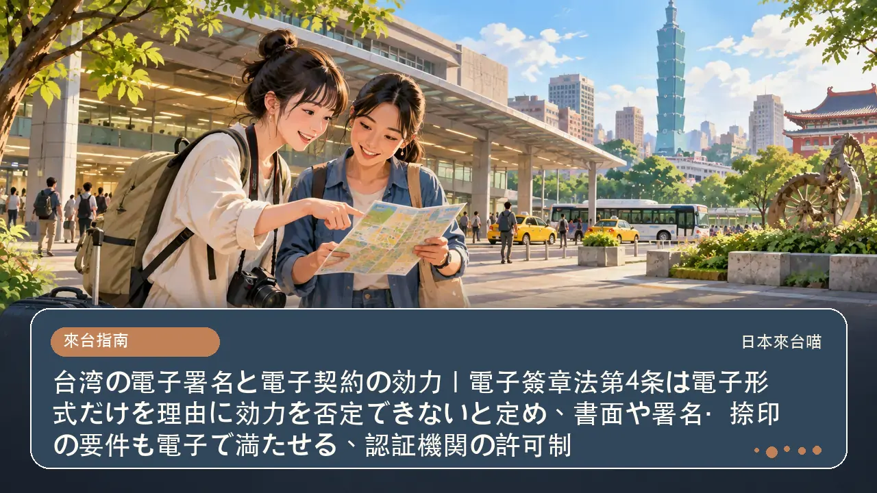 台湾の電子署名と電子契約の効力|電子簽章法第4条は電子形式だけを理由に効力を否定できないと定め、書面や署名・捺印の要件も電子で満たせる、認証機関の許可制主題插畫