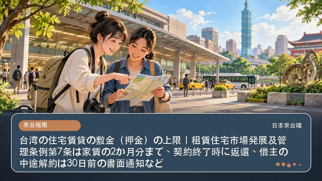 台湾の住宅賃貸の敷金（押金）の上限｜租賃住宅市場発展及管理条例第7条は家賃の2か月分まで、契約終了時に返還、借主の中途解約は30日前の書面通知など主題插畫