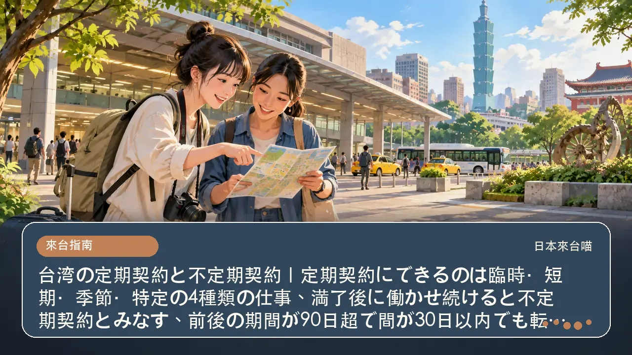 台湾の定期契約と不定期契約｜定期契約にできるのは臨時・短期・季節・特定の4種類の仕事、満了後に働かせ続けると不定期契約とみなす、前後の期間が90日超で間が30日以内でも転換（特定性・季節性を除く）主題插畫