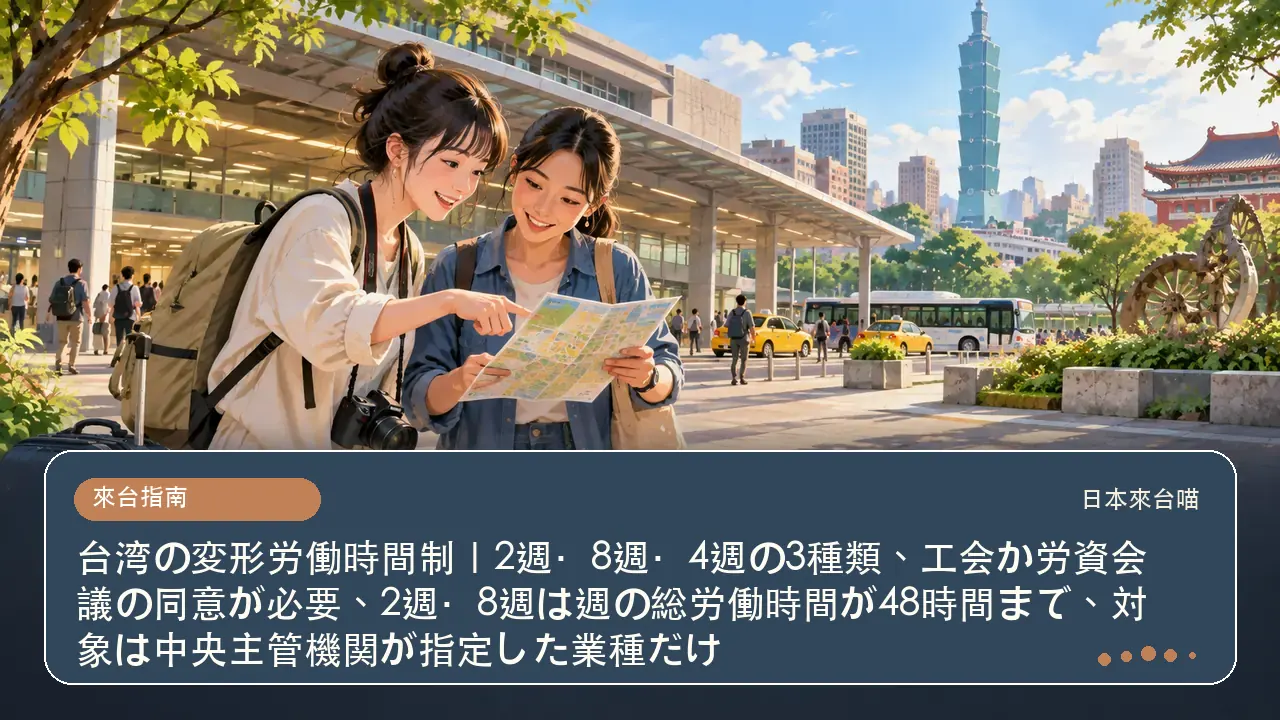 台湾の変形労働時間制｜2週・8週・4週の3種類、工会か労資会議の同意が必要、2週・8週は週の総労働時間が48時間まで、対象は中央主管機関が指定した業種だけ主題插畫