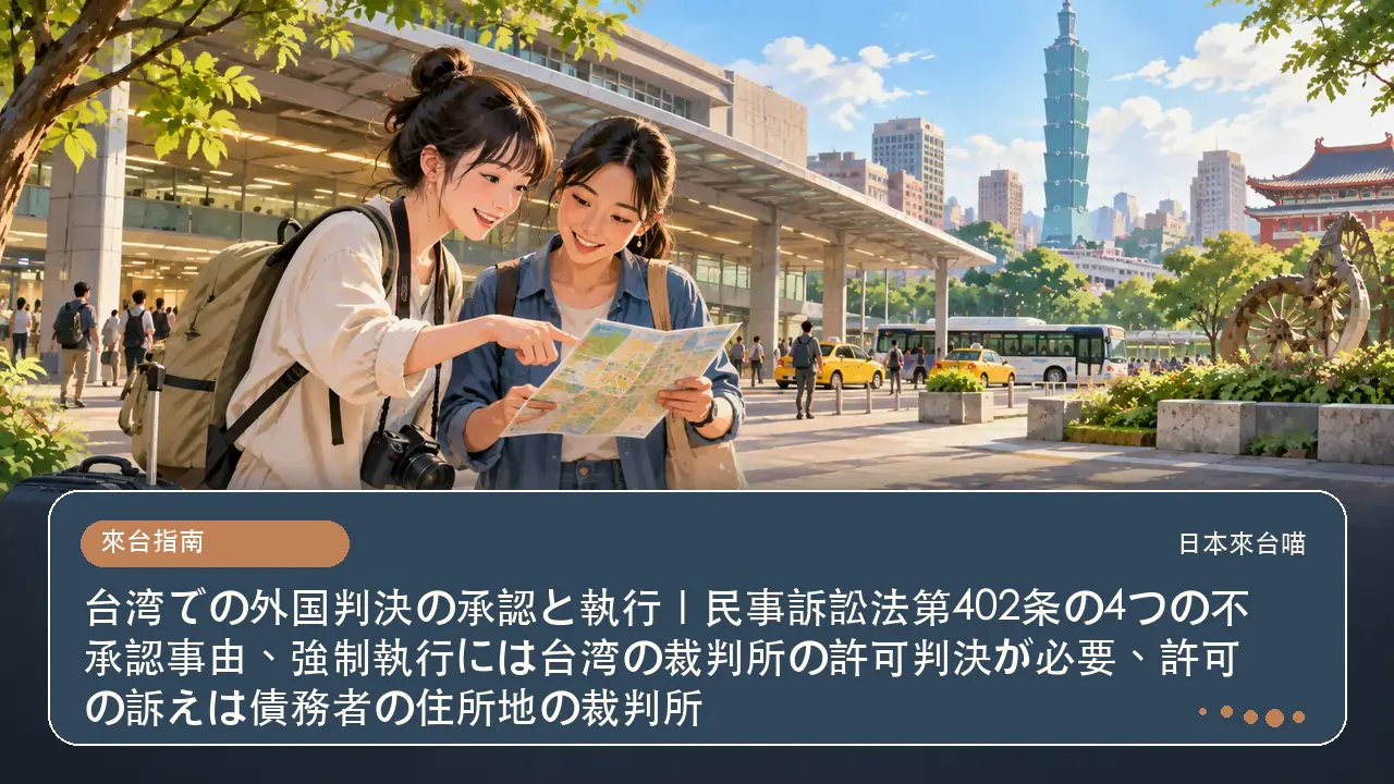 台湾での外国判決の承認と執行｜民事訴訟法第402条の4つの不承認事由、強制執行には台湾の裁判所の許可判決が必要、許可の訴えは債務者の住所地の裁判所主題插畫