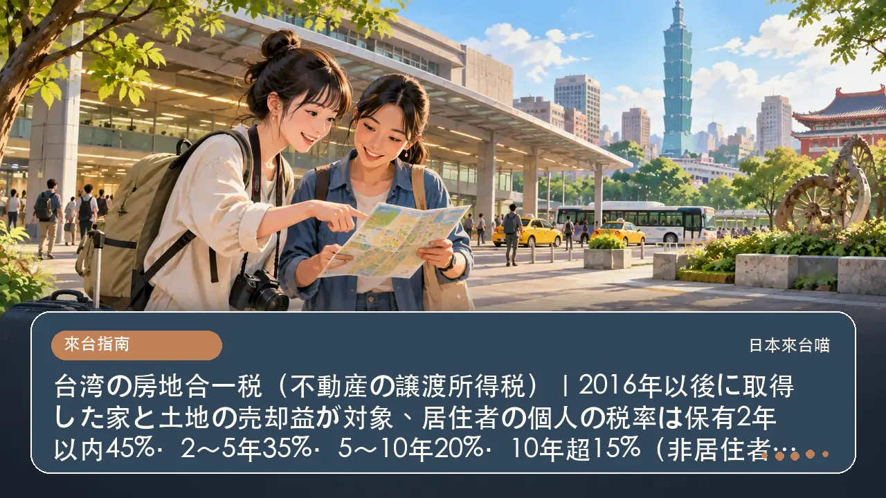 台湾の房地合一税（不動産の譲渡所得税）｜2016年以後に取得した家と土地の売却益が対象、居住者の個人の税率は保有2年以内45%・2〜5年35%・5〜10年20%・10年超15%（非居住者は45%・35%）、30日以内に申告主題插畫