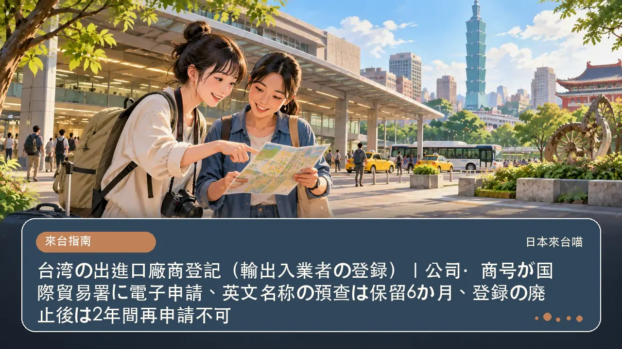 台湾の出進口廠商登記（輸出入業者の登録）｜公司・商号が国際貿易署に電子申請、英文名称の預查は保留6か月、登録の廃止後は2年間再申請不可主題插畫