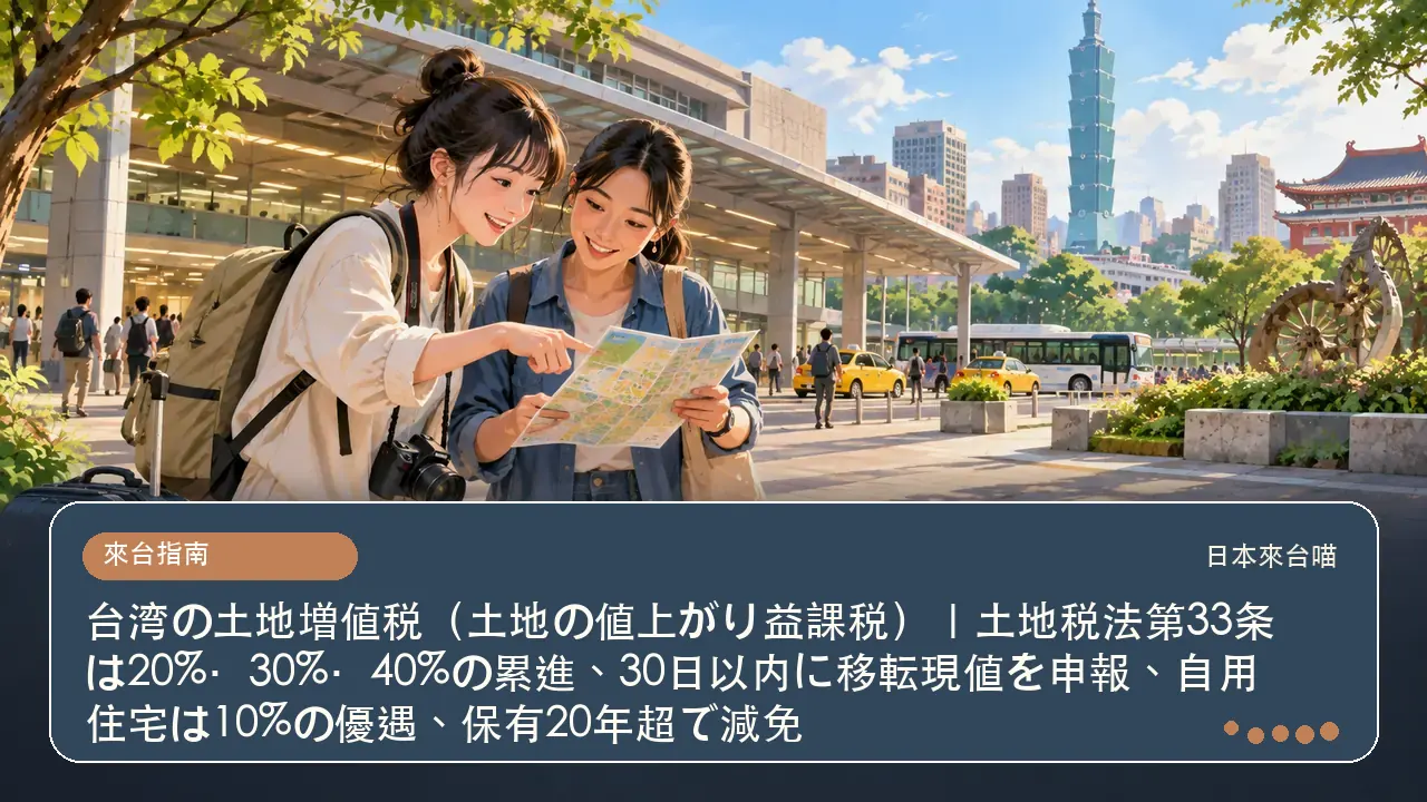 台湾の土地増値税(土地の値上がり益課税)|土地税法第33条は20%・30%・40%の累進、30日以内に移転現値を申報、自用住宅は10%の優遇、保有20年超で減免主題插畫
