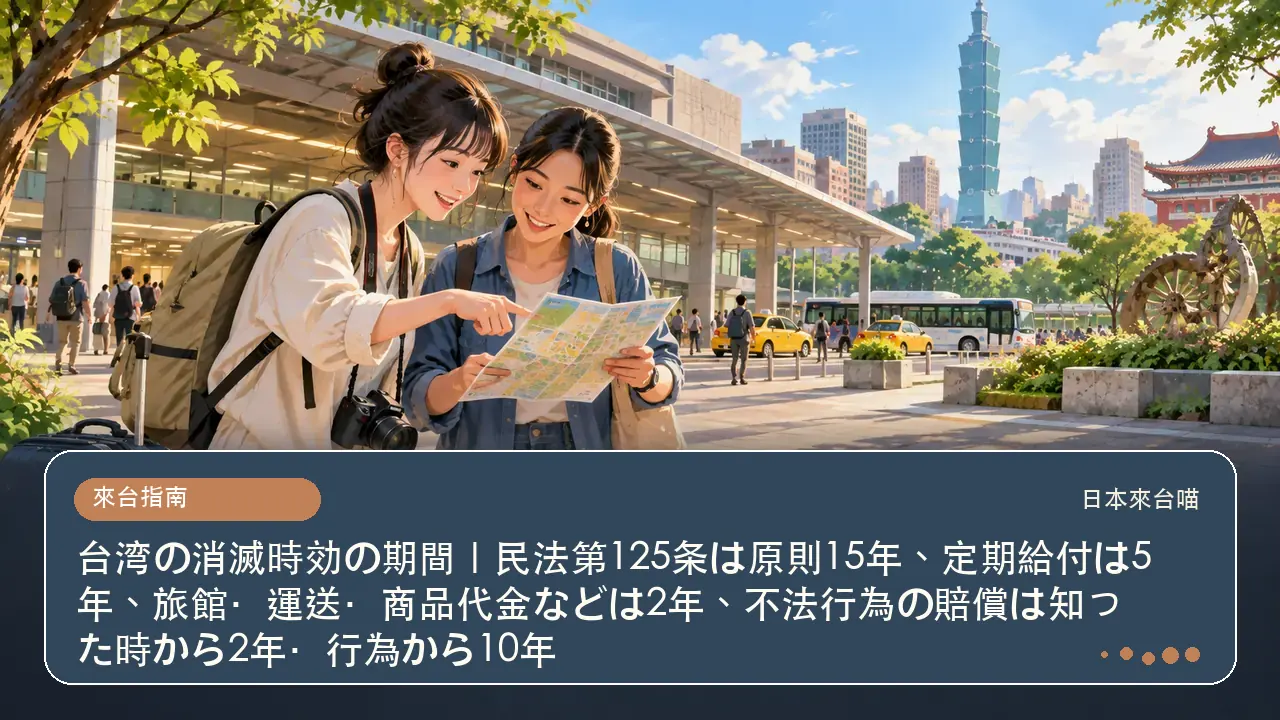 台湾の消滅時効の期間|民法第125条は原則15年、定期給付は5年、旅館・運送・商品代金などは2年、不法行為の賠償は知った時から2年・行為から10年主題插畫