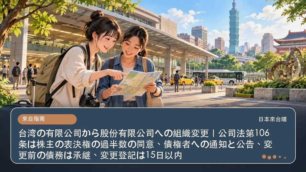 台湾の有限公司から股份有限公司への組織変更|公司法第106条は株主の表決権の過半数の同意、債権者への通知と公告、変更前の債務は承継、変更登記は15日以内主題插畫