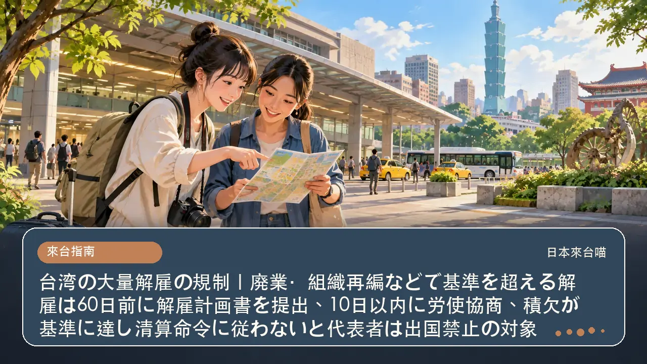 台湾の大量解雇の規制｜廃業・組織再編などで基準を超える解雇は60日前に解雇計画書を提出、10日以内に労使協商、積欠が基準に達し清算命令に従わないと代表者は出国禁止の対象主題插畫