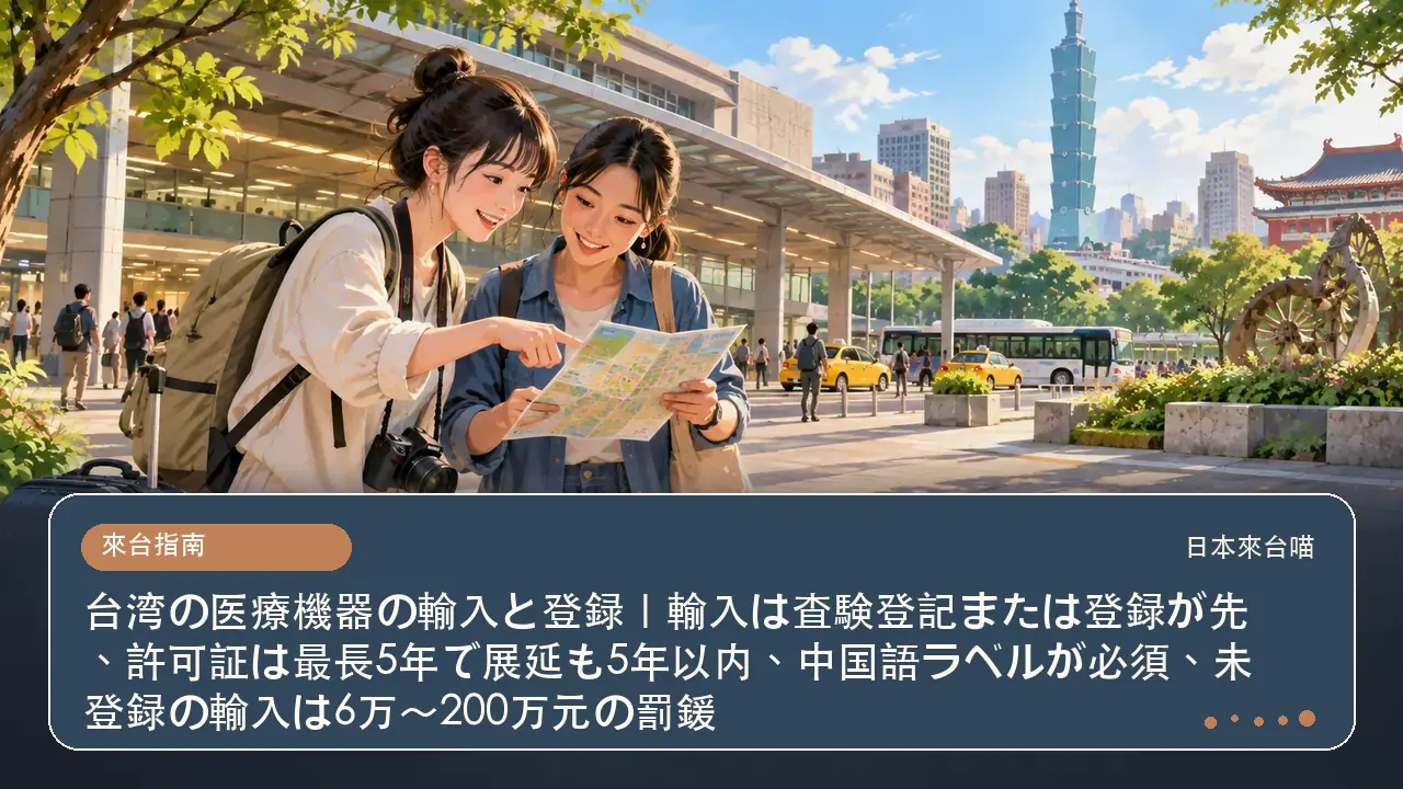 台湾の医療機器の輸入と登録|輸入は査験登記または登録が先、許可証は最長5年で展延も5年以内、中国語ラベルが必須、未登録の輸入は6万〜200万元の罰鍰主題插畫