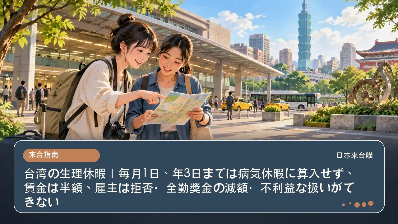 台湾の生理休暇｜毎月1日、年3日までは病気休暇に算入せず、賃金は半額、雇主は拒否・全勤獎金の減額・不利益な扱いができない主題插畫