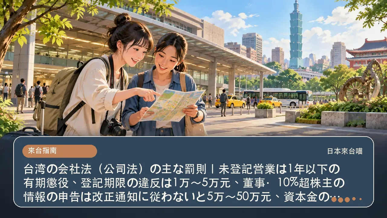 台湾の会社法（公司法）の主な罰則｜未登記営業は1年以下の有期懲役、登記期限の違反は1万〜5万元、董事・10%超株主の情報の申告は改正通知に従わないと5万〜50万元、資本金の払戻しは5年以下主題插畫