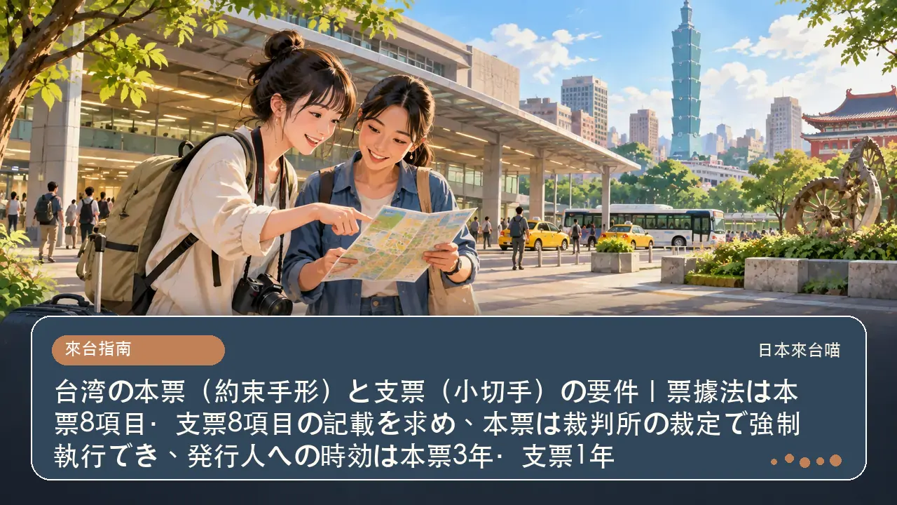 台湾の本票（約束手形）と支票（小切手）の要件｜票據法は本票8項目・支票8項目の記載を求め、本票は裁判所の裁定で強制執行でき、発行人への時効は本票3年・支票1年主題插畫