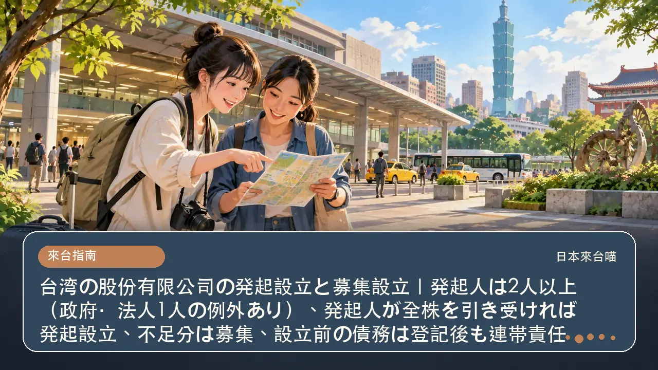 台湾の股份有限公司の発起設立と募集設立｜発起人は2人以上（政府・法人1人の例外あり）、発起人が全株を引き受ければ発起設立、不足分は募集、設立前の債務は登記後も連帯責任主題插畫