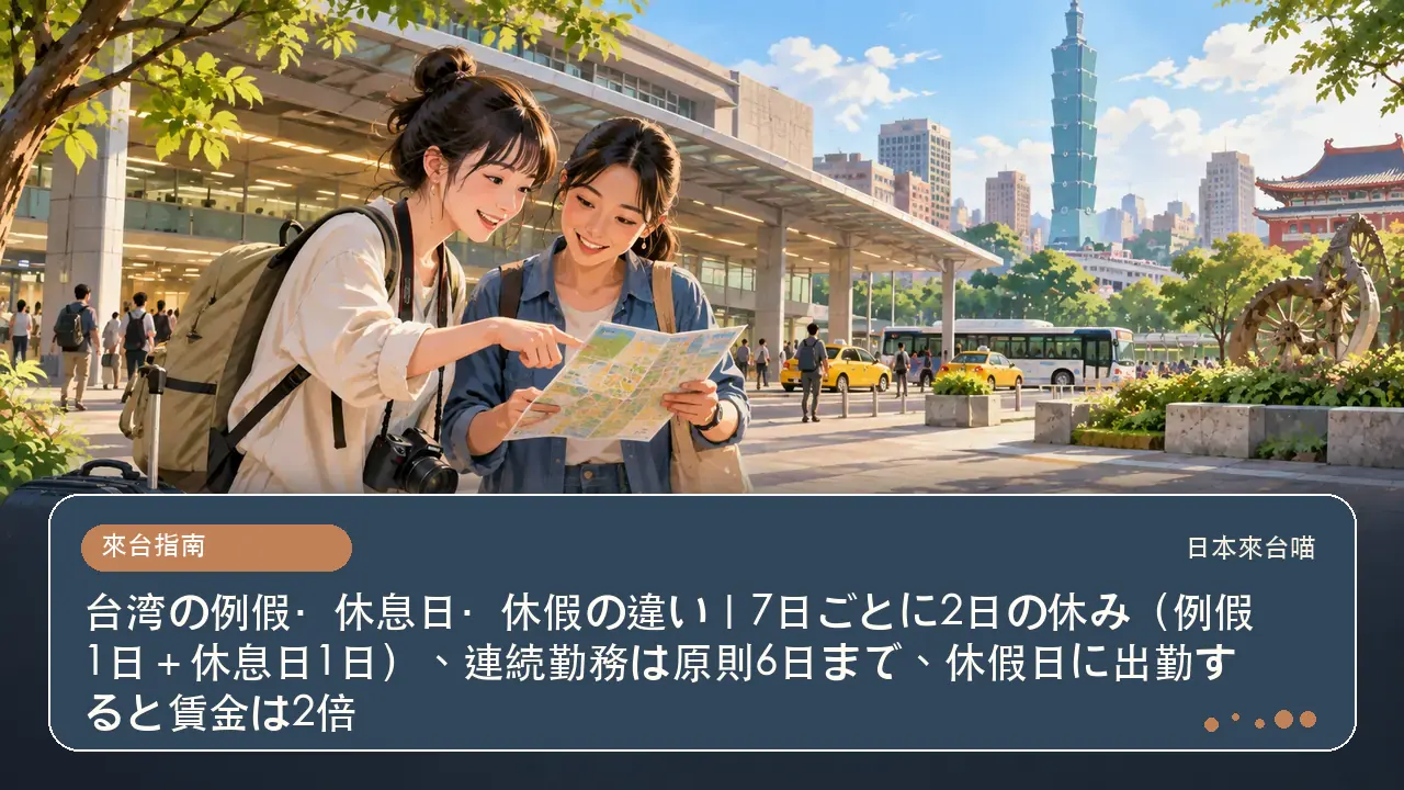 台湾の例假・休息日・休假の違い｜7日ごとに2日の休み（例假1日＋休息日1日）、連続勤務は原則6日まで、休假日に出勤すると賃金は2倍主題插畫
