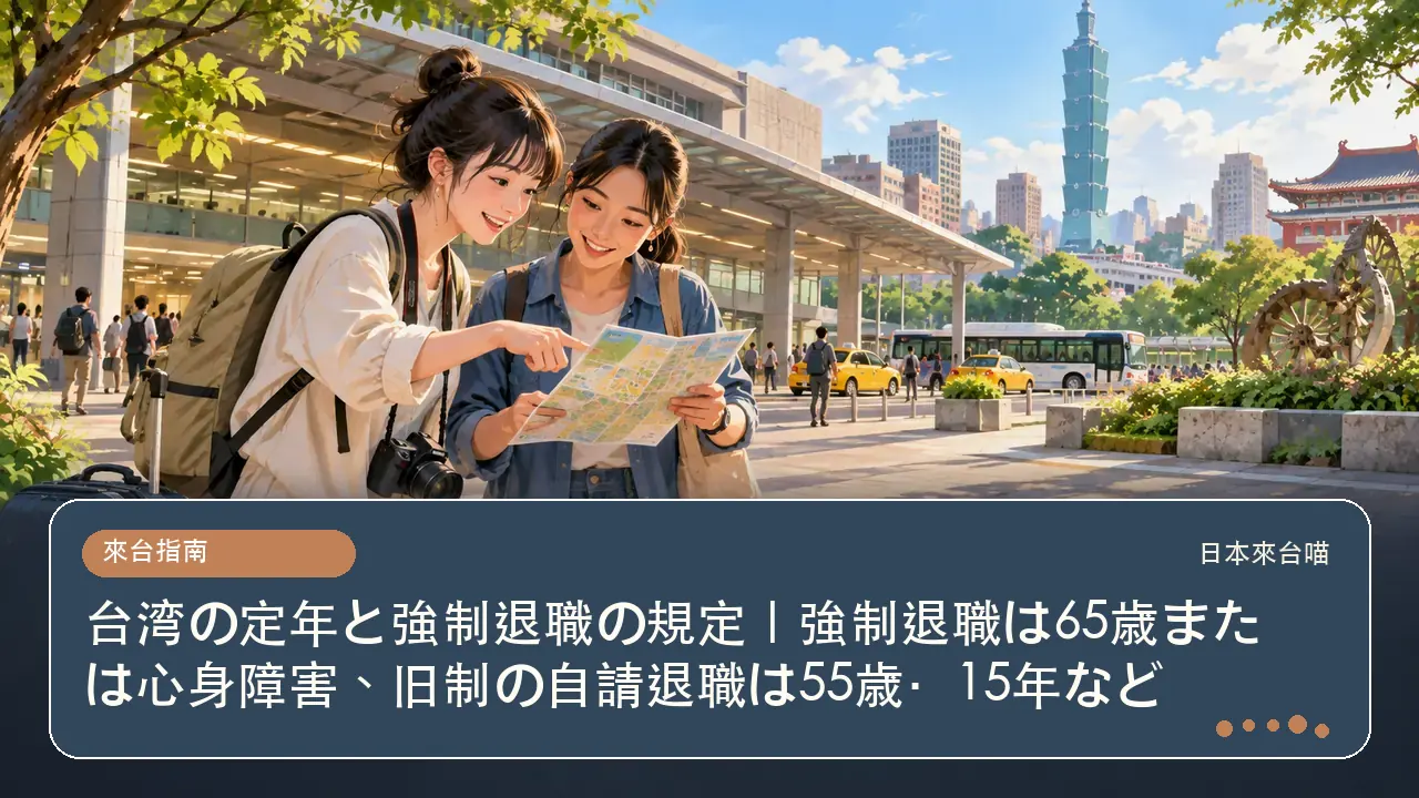 台湾の定年と強制退職の規定｜強制退職は65歳または心身障害、旧制の自請退職は55歳・15年など主題插畫