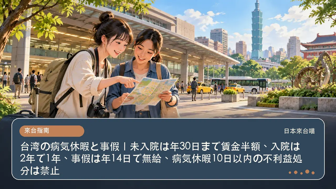 台湾の病気休暇と事假｜未入院は年30日まで賃金半額、入院は2年で1年、事假は年14日で無給、病気休暇10日以内の不利益処分は禁止主題插畫