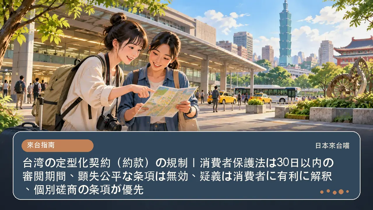 台湾の定型化契約（約款）の規制｜消費者保護法は30日以内の審閲期間、顕失公平な条項は無効、疑義は消費者に有利に解釈、個別磋商の条項が優先主題插畫