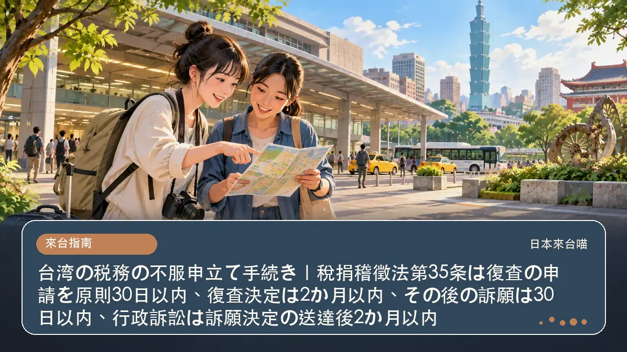 台湾の税務の不服申立て手続き｜稅捐稽徵法第35条は復査の申請を原則30日以内、復査決定は2か月以内、その後の訴願は30日以内、行政訴訟は訴願決定の送達後2か月以内主題插畫