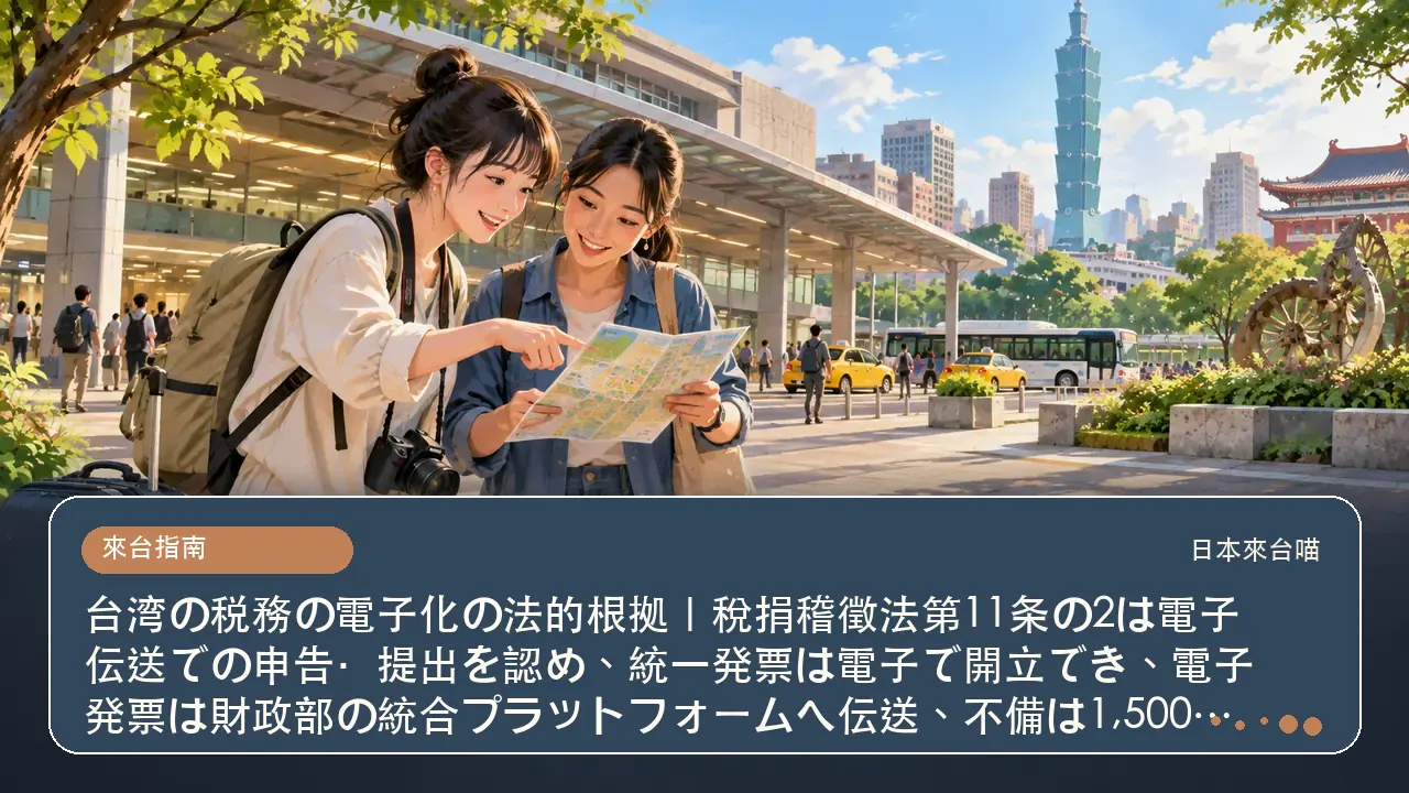 台湾の税務の電子化の法的根拠｜稅捐稽徵法第11条の2は電子伝送での申告・提出を認め、統一発票は電子で開立でき、電子発票は財政部の統合プラットフォームへ伝送、不備は1,500〜1万5,000元主題插畫