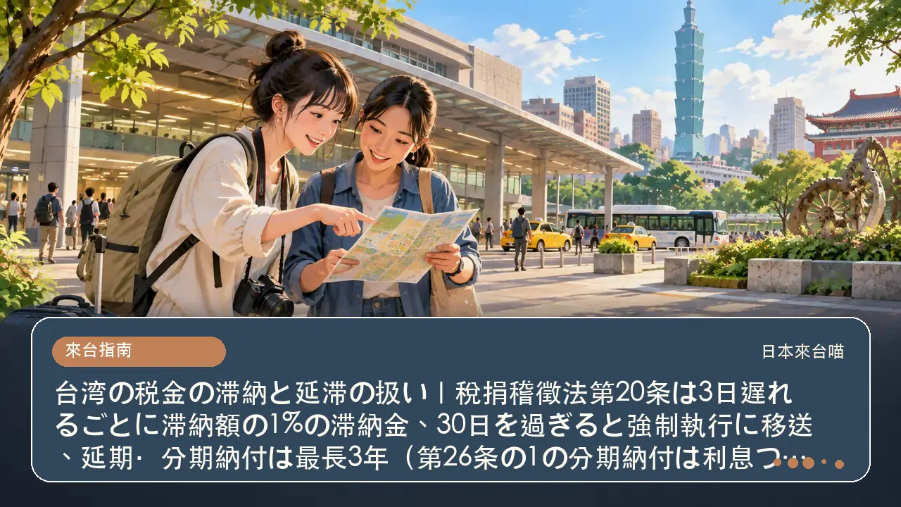 台湾の税金の滞納と延滞の扱い｜稅捐稽徵法第20条は3日遅れるごとに滞納額の1%の滞納金、30日を過ぎると強制執行に移送、延期・分期納付は最長3年（第26条の1の分期納付は利息つき）主題插畫