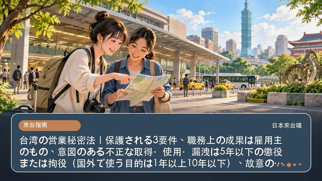 台湾の営業秘密法｜保護される3要件、職務上の成果は雇用主のもの、意図のある不正な取得・使用・漏洩は5年以下の懲役または拘役（国外で使う目的は1年以上10年以下）、故意の侵害の損害賠償は最大3倍主題插畫
