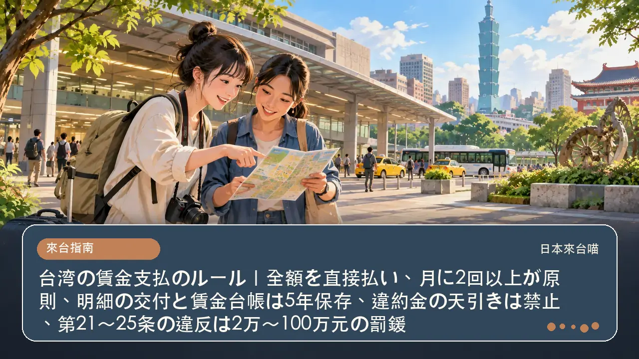 台湾の賃金支払のルール｜全額を直接払い、月に2回以上が原則、明細の交付と賃金台帳は5年保存、違約金の天引きは禁止、第21〜25条の違反は2万〜100万元の罰鍰主題插畫