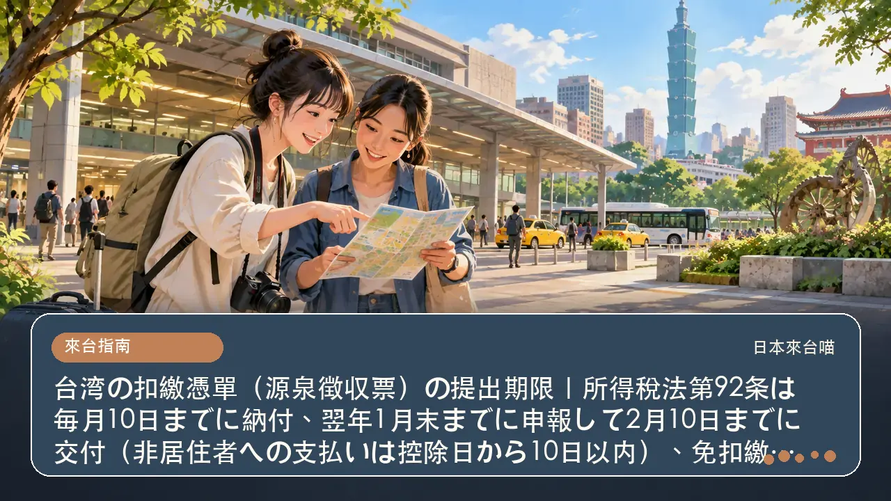 台湾の扣繳憑單（源泉徴収票）の提出期限｜所得稅法第92条は毎月10日までに納付、翌年1月末までに申報して2月10日までに交付（非居住者への支払いは控除日から10日以内）、免扣繳憑單も同じ期限主題插畫