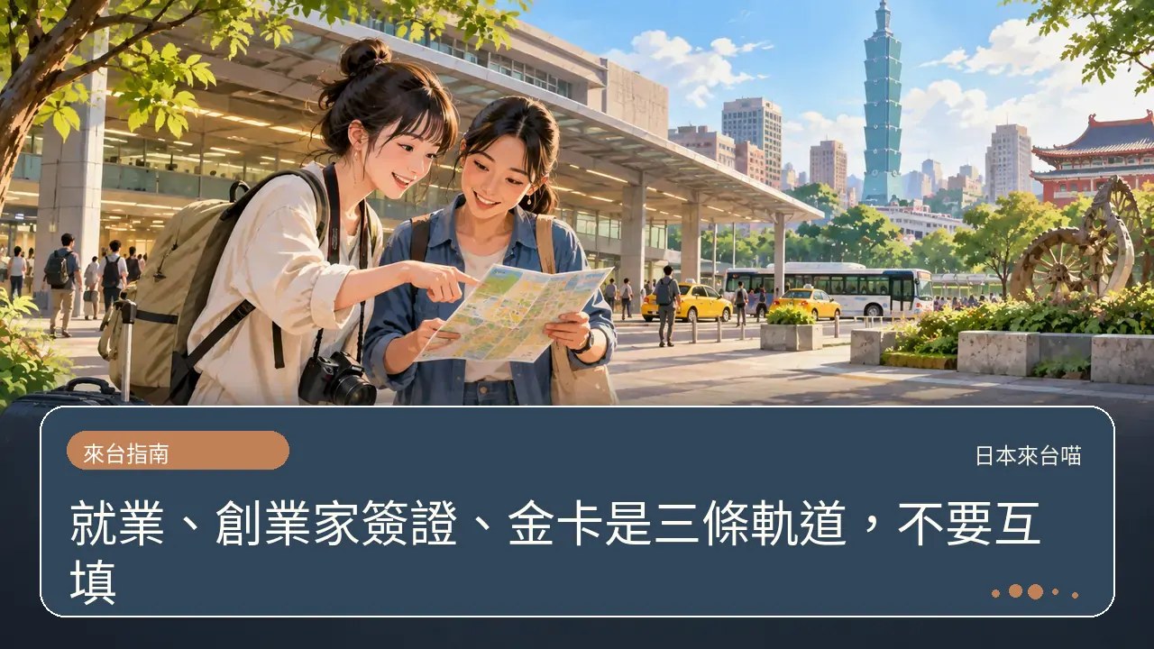 就業、創業家簽證、金卡是三條軌道，不要互填主題插畫