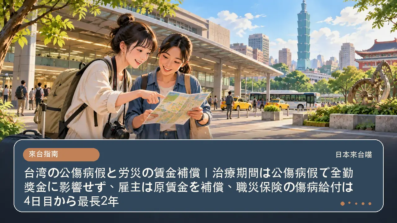 台湾の公傷病假と労災の賃金補償｜治療期間は公傷病假で全勤獎金に影響せず、雇主は原賃金を補償、職災保険の傷病給付は4日目から最長2年主題插畫