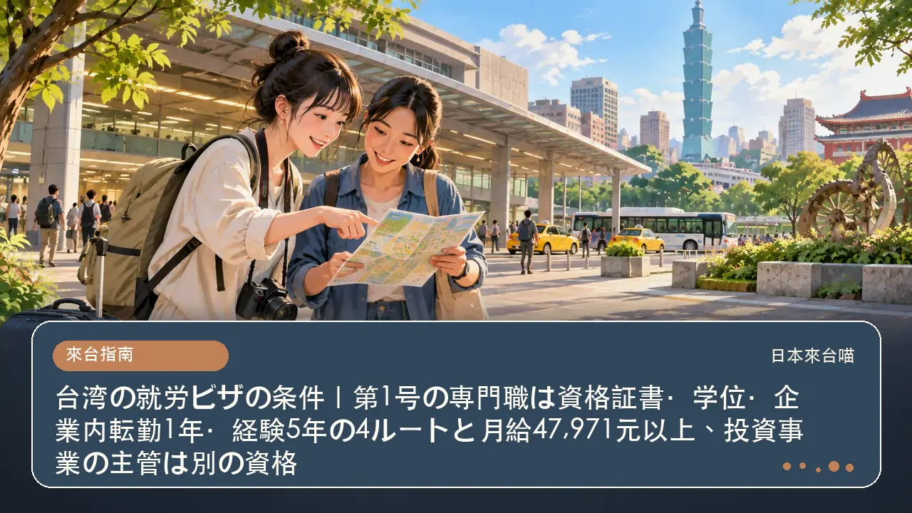 台湾の就労ビザの条件｜第1号の専門職は資格証書・学位・企業内転勤1年・経験5年の4ルートと月給47,971元以上、投資事業の主管は別の資格主題插畫